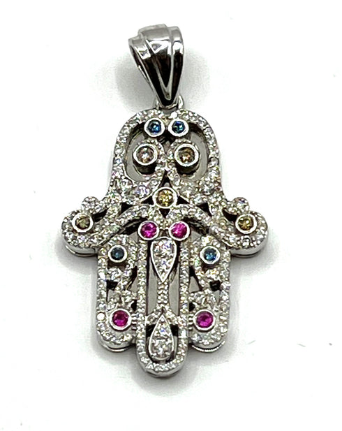 14K White Gold & Gemstones Diamond Khamsa Ornate Necklace